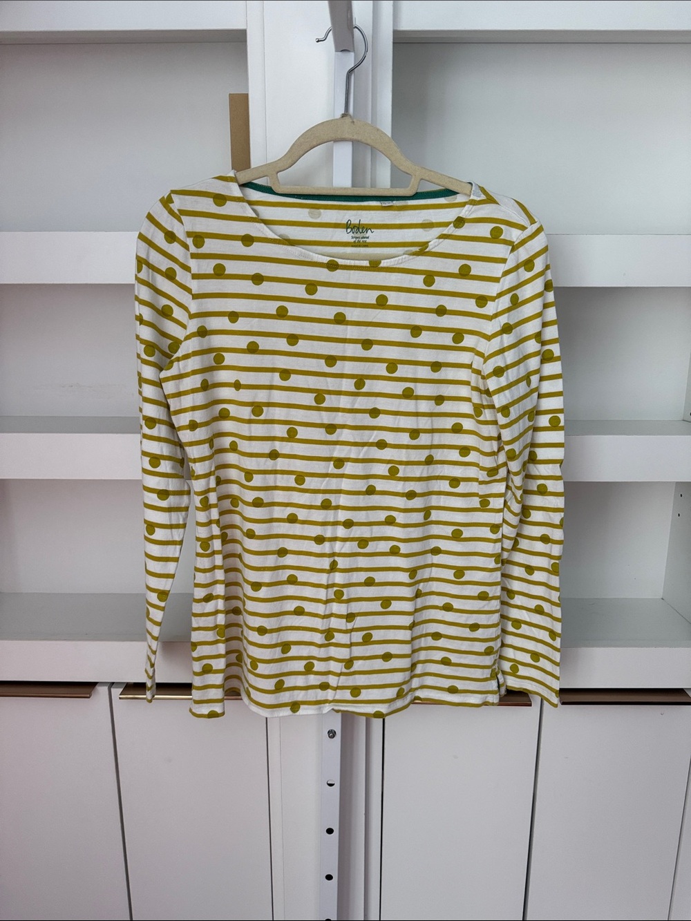 Boden Stripes Ahead Of The Rest Long Sleeve Tee US Sz 8 Polka Dot Mustard Yellow